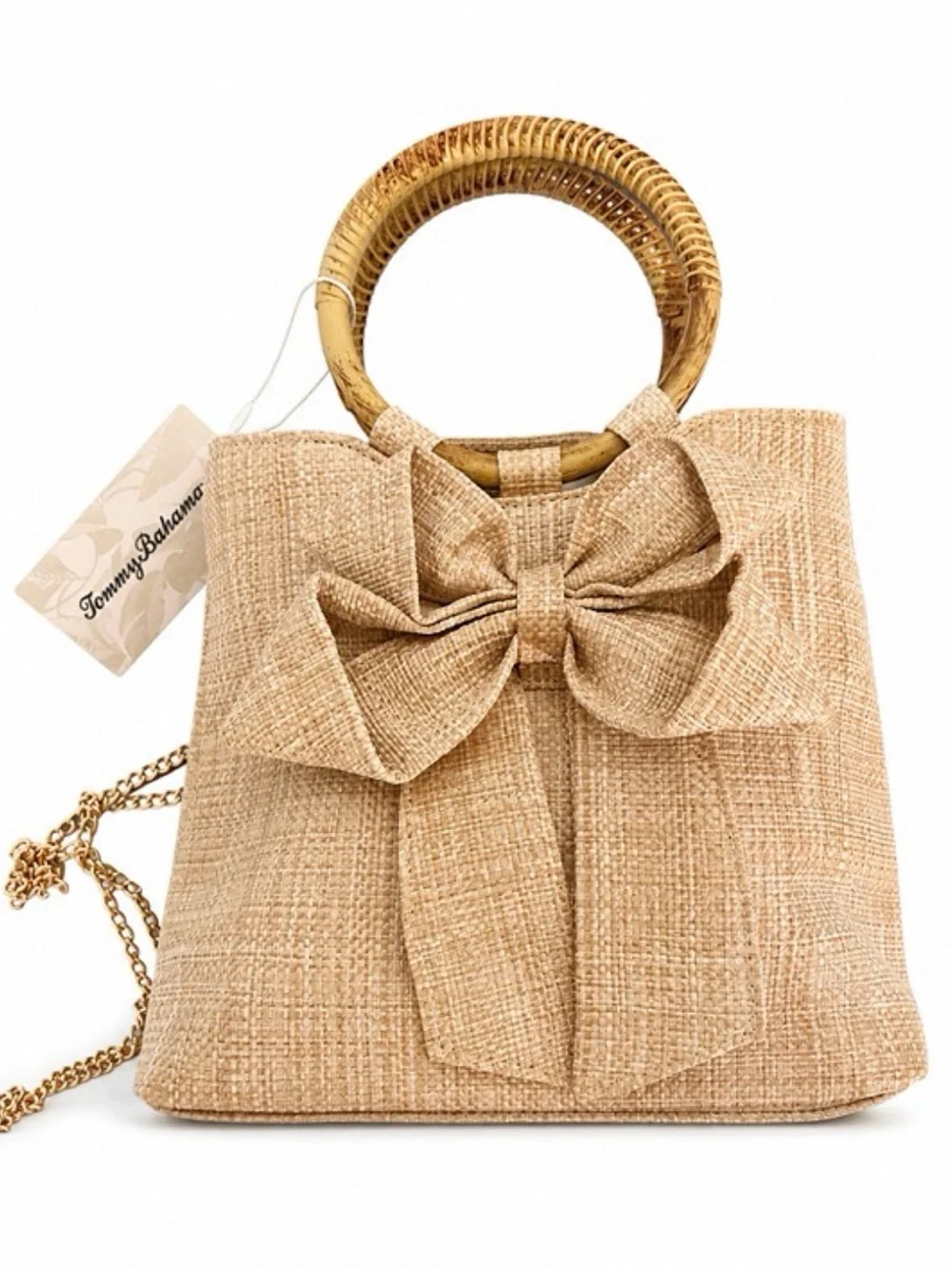 Tommy Bahama Bow Straw Bag Bamboo Handle Chain Crossbody NWT